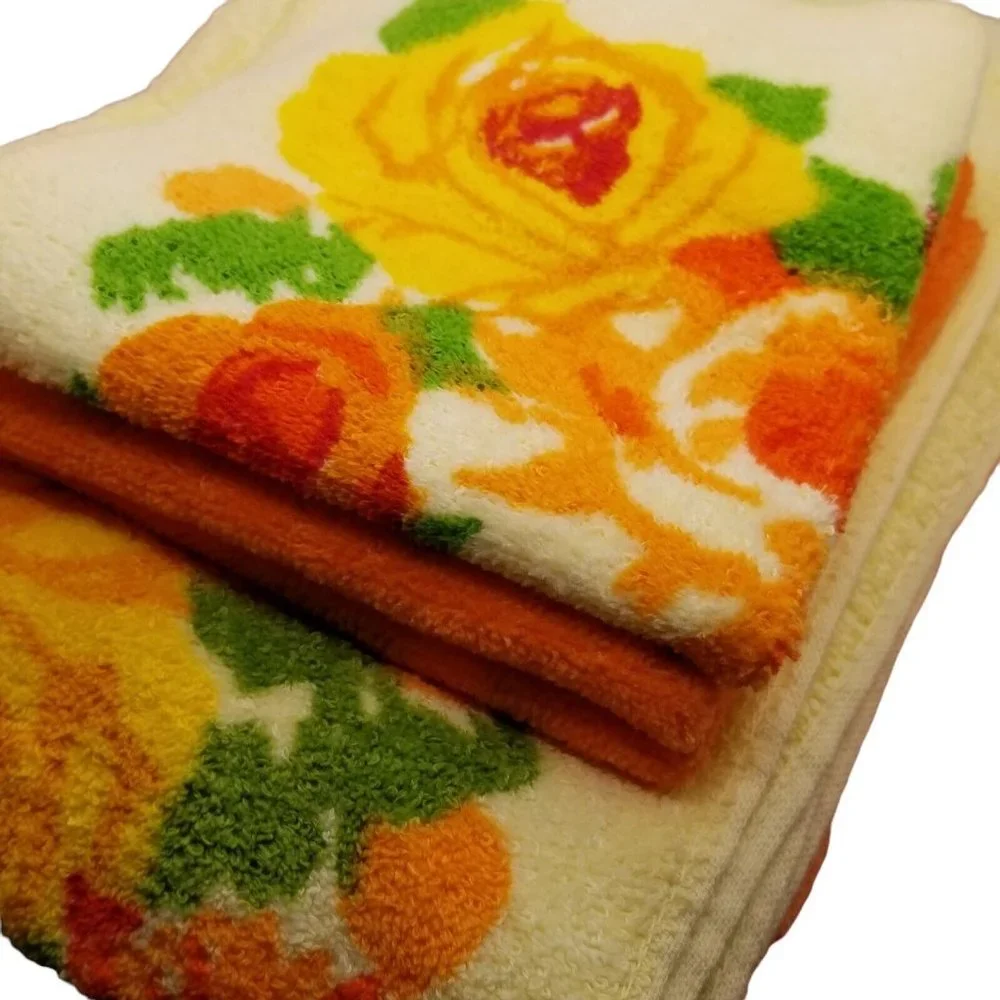 Vintage Towels Cannon Monticello Orange Yellow Bath Set 6 Piece Floral Flowers